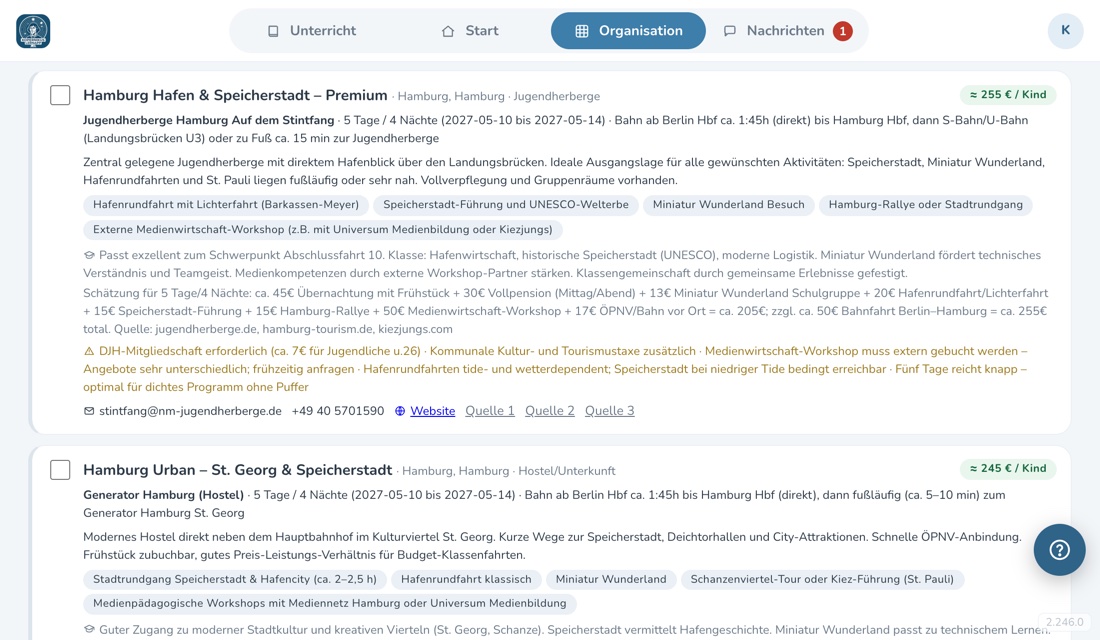 KI-Vorschläge für eine Klassenfahrt nach Hamburg mit Unterkunft, Programm und Kosten pro Kind