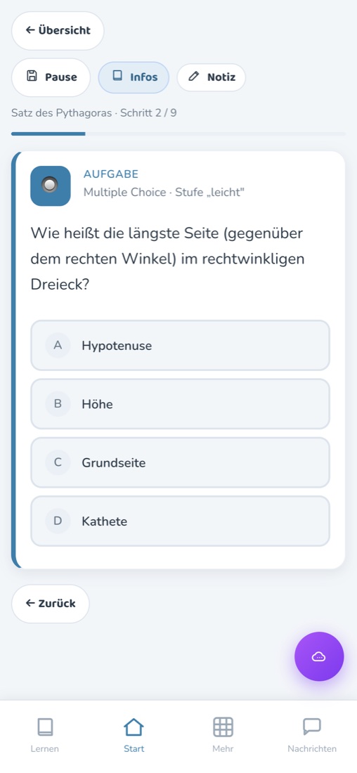 Aufgabe auf dem Handy mit Antwortmöglichkeiten