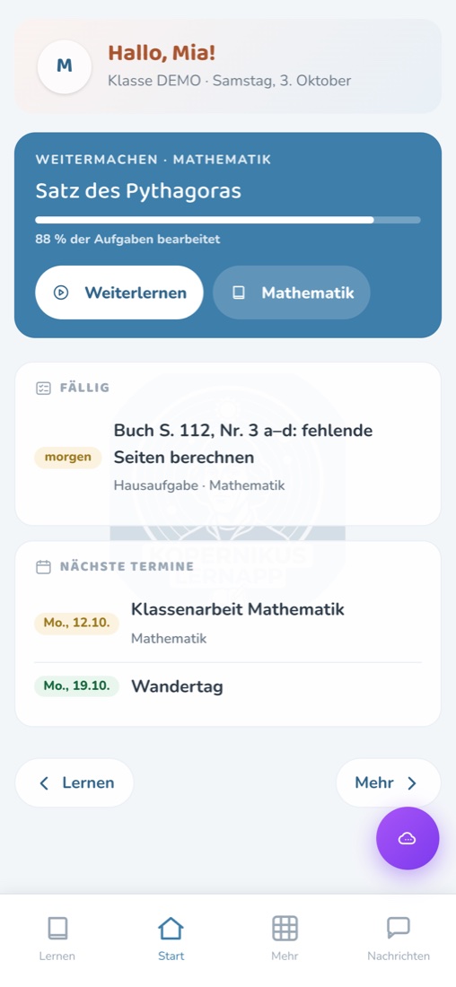 Startseite für Schüler:innen auf dem Handy: Weitermachen, Hausaufgaben und Termine
