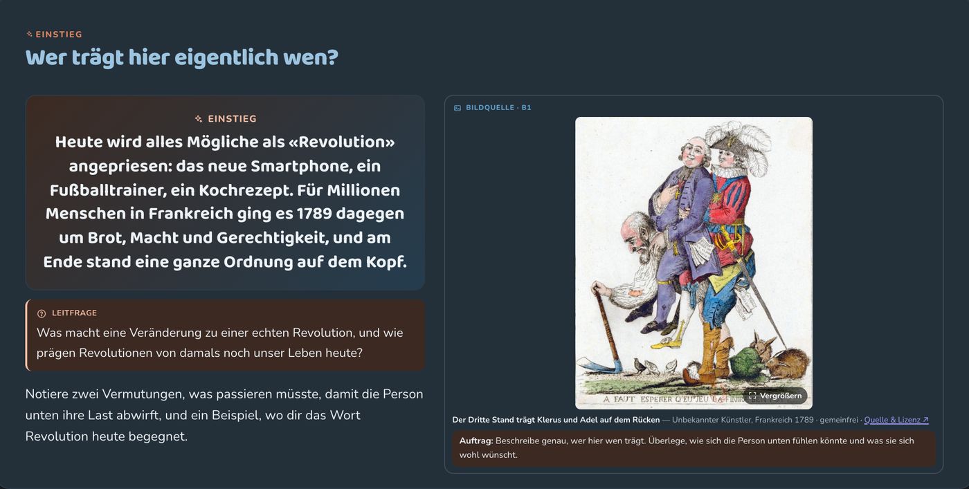 Unterrichtsmodus am Beamer: Einstieg mit Leitfrage und einer historischen Karikatur als Bildquelle